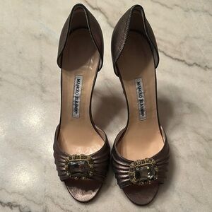 Manolo Blahnik Brown High Heels with Intricate Toe Design